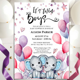 Twin Boys Elephant Blue Balloons Niedlich Baby Dus Einladung