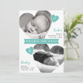 Twin Boys Heart Frames Aquamarine Fotolage Geburt Ankündigung (Stehend Vorderseite)