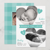 Twin Boys Heart Frames Aquamarine Fotolage Geburt Ankündigung (Vorne/Hinten)