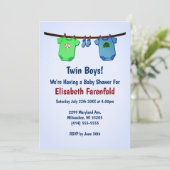 Twin Boys Nah Line Blue & Green Baby Dusche Einladung (Stehend Vorderseite)