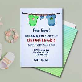 Twin Boys Nah Line Blue & Green Baby Dusche Einladung