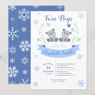 Twin Boys Niedlich Bären Winterbabydusche Einladung