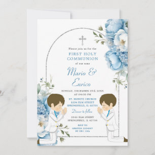 Twin Boys Prachen 1. Kommunion Dusty Blue Arch Einladung