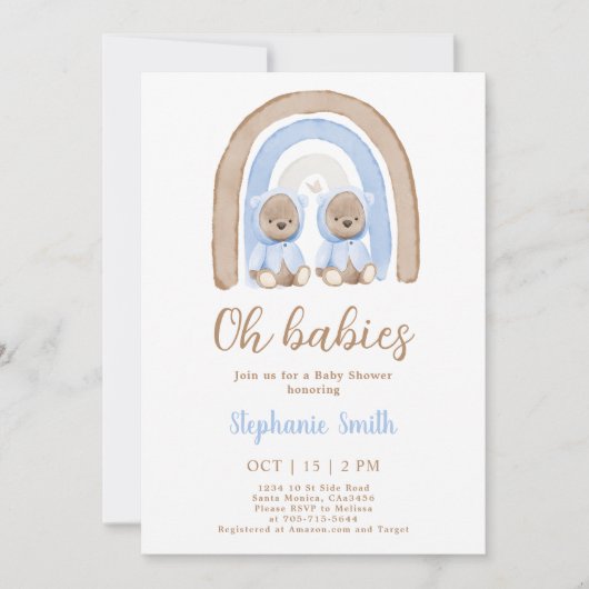 Twin Boys Teddy Bär Rainbow Baby Showroom Einladung (Vorderseite)