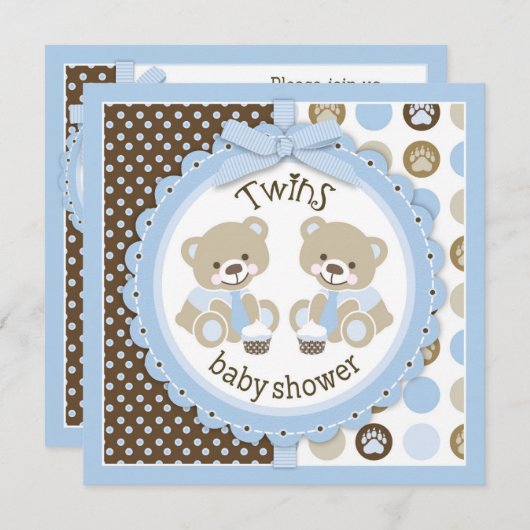 Twin Boys Teddy Bears Krawatte Babydusche Einladung (Vorne/Hinten)
