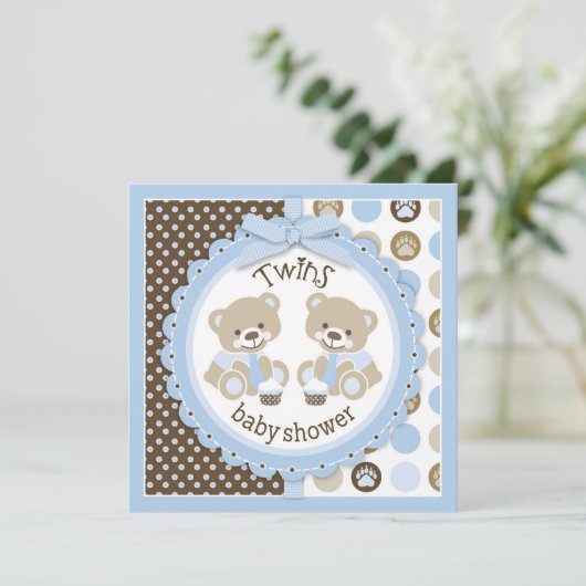Twin Boys Teddy Bears Krawatte Babydusche Einladung (Stehend Vorderseite)