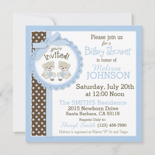 Twin Boys Teddy Bears Krawatte Babydusche Einladung (Rückseite)