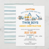 Twin Boys under Construction, Digger Baby Shower Einladung (Vorne/Hinten)