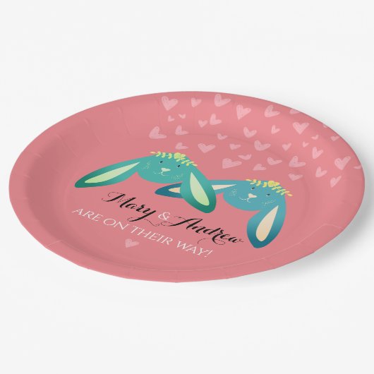 Twin Bunnies Babydusche auf pastellrosa Party Pappteller (Schrägansicht)