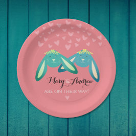 Twin Bunnies Babydusche auf pastellrosa Party Pappteller