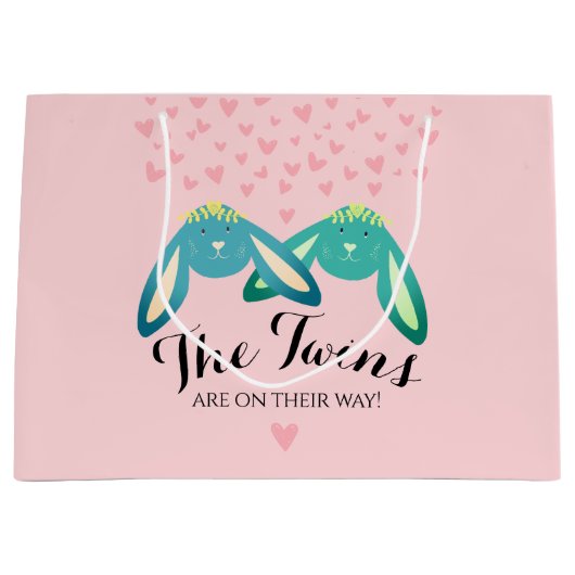Twin Bunnies Babydusche Niedlich Pastel Pink Party Große Geschenktüte (Vorderseite)