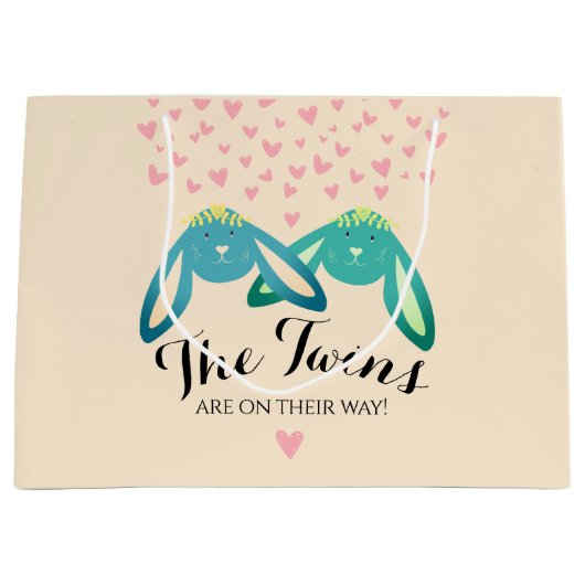 Twin Bunny Lovely Baby Dusche Hellgelbes Party Große Geschenktüte (Vorderseite)