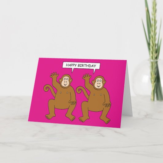 Twin Cartoon Monkeys Saying Happy Birthday Karte (Vorderseite)