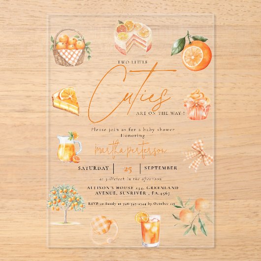 Twin Citrus orange Süsse Summer Baby Dusche Acryleinladungen (Vorderseite)