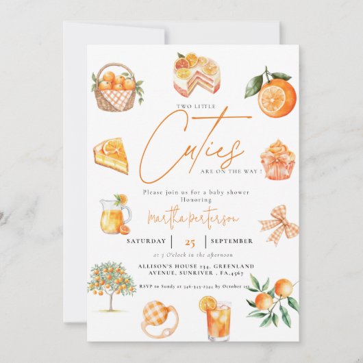 Twin Citrus orange Süsse Summer Baby Dusche Einladung (Vorderseite)
