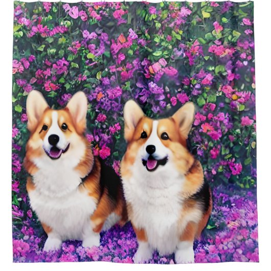 Twin Corgis im Garten Duschvorhang (Vorderseite)