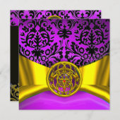 TWIN DRAGONS GOLD LILA SCHWARZE DAMASK-MONOGRAMM EINLADUNG (Vorne/Hinten)