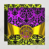 TWIN DRAGONS GOLD LILA SCHWARZE DAMASK-MONOGRAMM EINLADUNG (Vorne/Hinten)