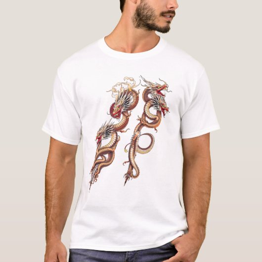 Twin Eastern Dragons Roaring T-Shirt (Vorderseite)