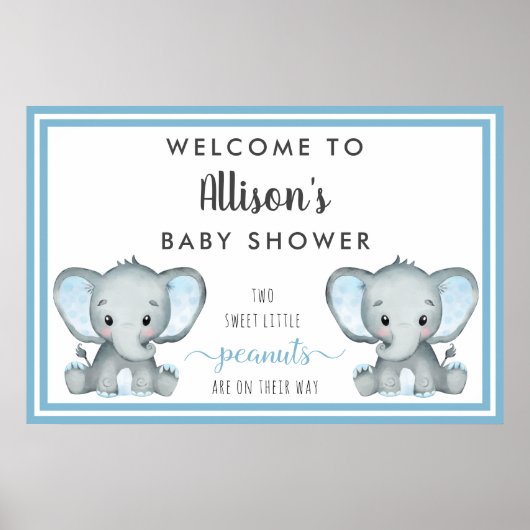 Twin Elephant Baby Boy Dusche Willkommen Poster (Vorne)