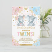 Twin Elephant Baby Shower Boy & Girl Twins Einladung (Stehend Vorderseite)