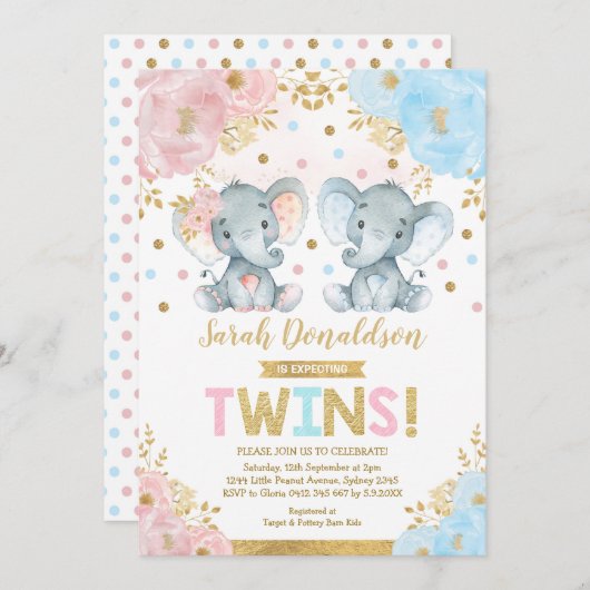 Twin Elephant Baby Shower Boy & Girl Twins Einladung (Vorne/Hinten)
