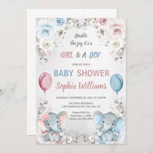 Twin Elephant Baby Shower Boy & Girl Twins Einladung (Vorne/Hinten)