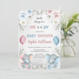 Twin Elephant Baby Shower Boy & Girl Twins Einladung