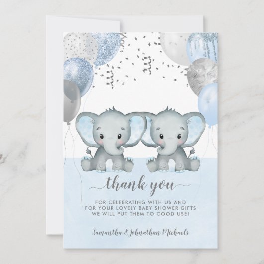Twin Elephant Boy Balloons Watercolor Babydusche Dankeskarte (Vorderseite)