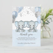 Twin Elephant Boy Balloons Watercolor Babydusche Dankeskarte (Stehend Vorderseite)