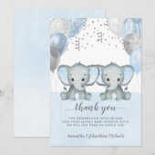 Twin Elephant Boy Balloons Watercolor Babydusche Dankeskarte (Vorne/Hinten)