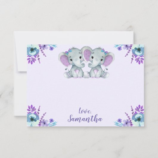Twin Elephant Danke Card Rustic Floral Lila (Rückseite)