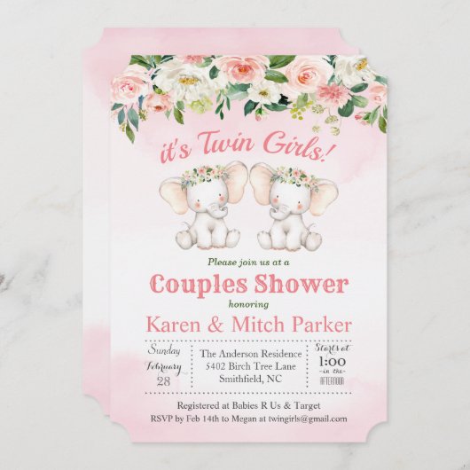 TWIN Elephant Floral Baby Shower Einladung (Vorne/Hinten)