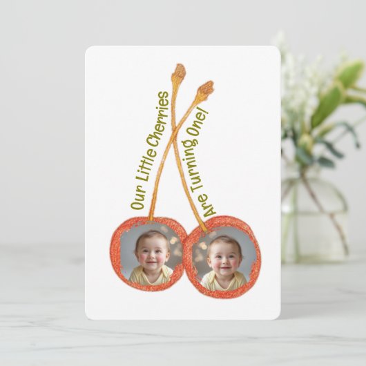Twin Erstgeburtsparty Cherry 1. Zwillinge Einladung (Stehend Vorderseite)