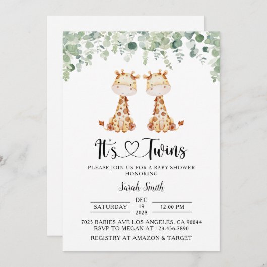 Twin Giraffe Baby Shower Einladung (Vorne/Hinten)