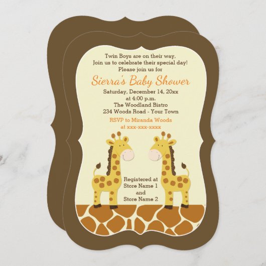 Twin Giraffes Baby Shower Einladung Die Cut (Vorne/Hinten)