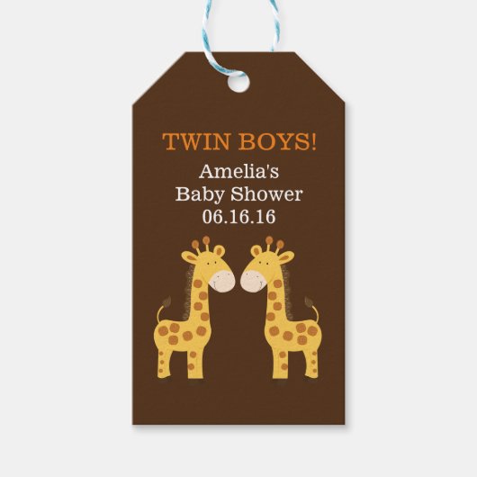 Twin Giraffes Baby Shower Tag Geschenkanhänger (Vorderseite)