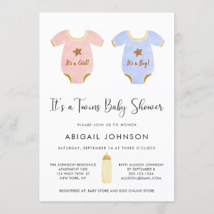 Twin Girl and Boy Watercolor Retro Babydusche Einladung