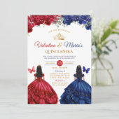 Twin Girl Dress Quinceañera 15 Anos Blume Gold Einladung (Stehend Vorderseite)