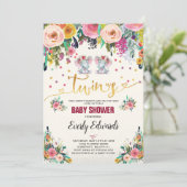 Twin Girl Elephant Baby Shower Einladung (Stehend Vorderseite)