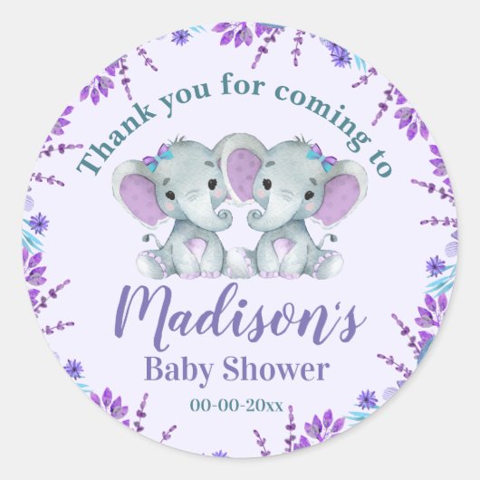 Twin Girl Elephant Baby Shower Label StickerFloral Runder Aufkleber (Vorderseite)