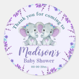 Twin Girl Elephant Baby Shower Label StickerFloral Runder Aufkleber
