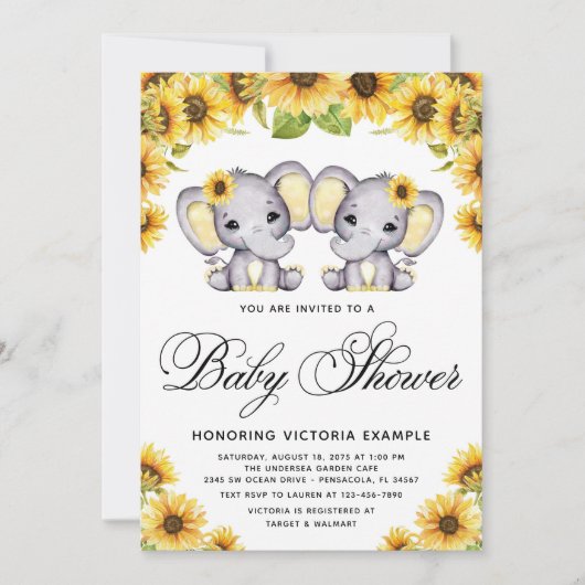 Twin Girl Elephant Sunflower Baby Dusche Einladung (Vorderseite)