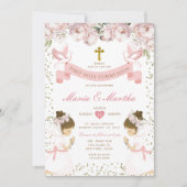 TWIN Girl Gebet Erste heilige Kommunion Pink Bläse Einladung (Vorderseite)