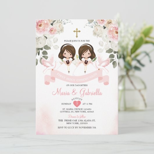 Twin Girl Pink Blume 1. Einladung (Stehend Vorderseite)