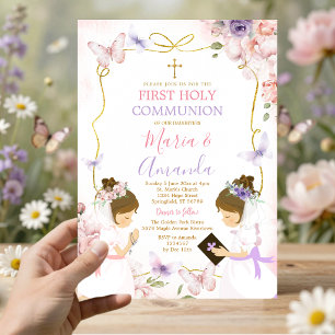 Twin Girl Pink Lila Butterfly 1. Heilige Kommune Einladung