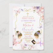Twin Girl Pink Lila Butterfly 1. Heilige Kommune Einladung (Vorderseite)