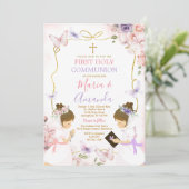 Twin Girl Pink Lila Butterfly 1. Heilige Kommune Einladung (Stehend Vorderseite)