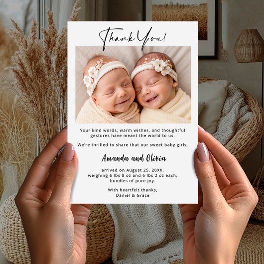 Twin Girls Baby Dankeschön Card mit Foto Ankündigung