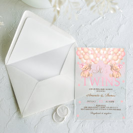 Twin Girls Bear Pink Balloons Babydusche Acryleinladungen